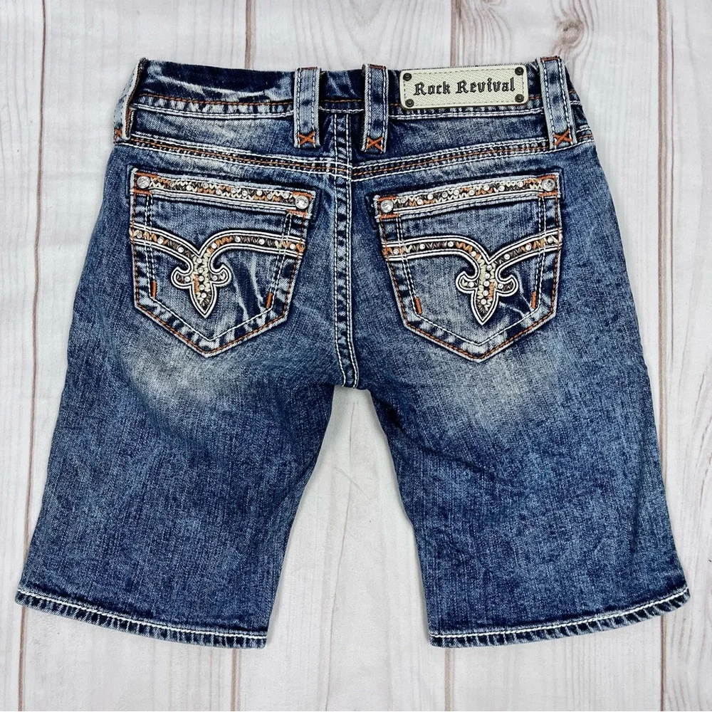 Rock Revival Nancy Bermuda Stretch Denim Shorts Distressed Blue Sz 25
